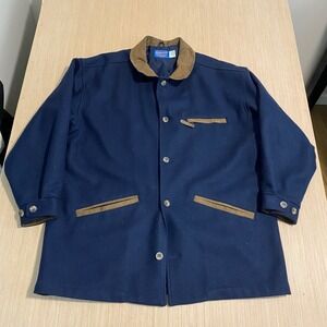 Pendleton Mens Navy Blue Wool Field Coat Jacket Suede Trim Made in USA Large